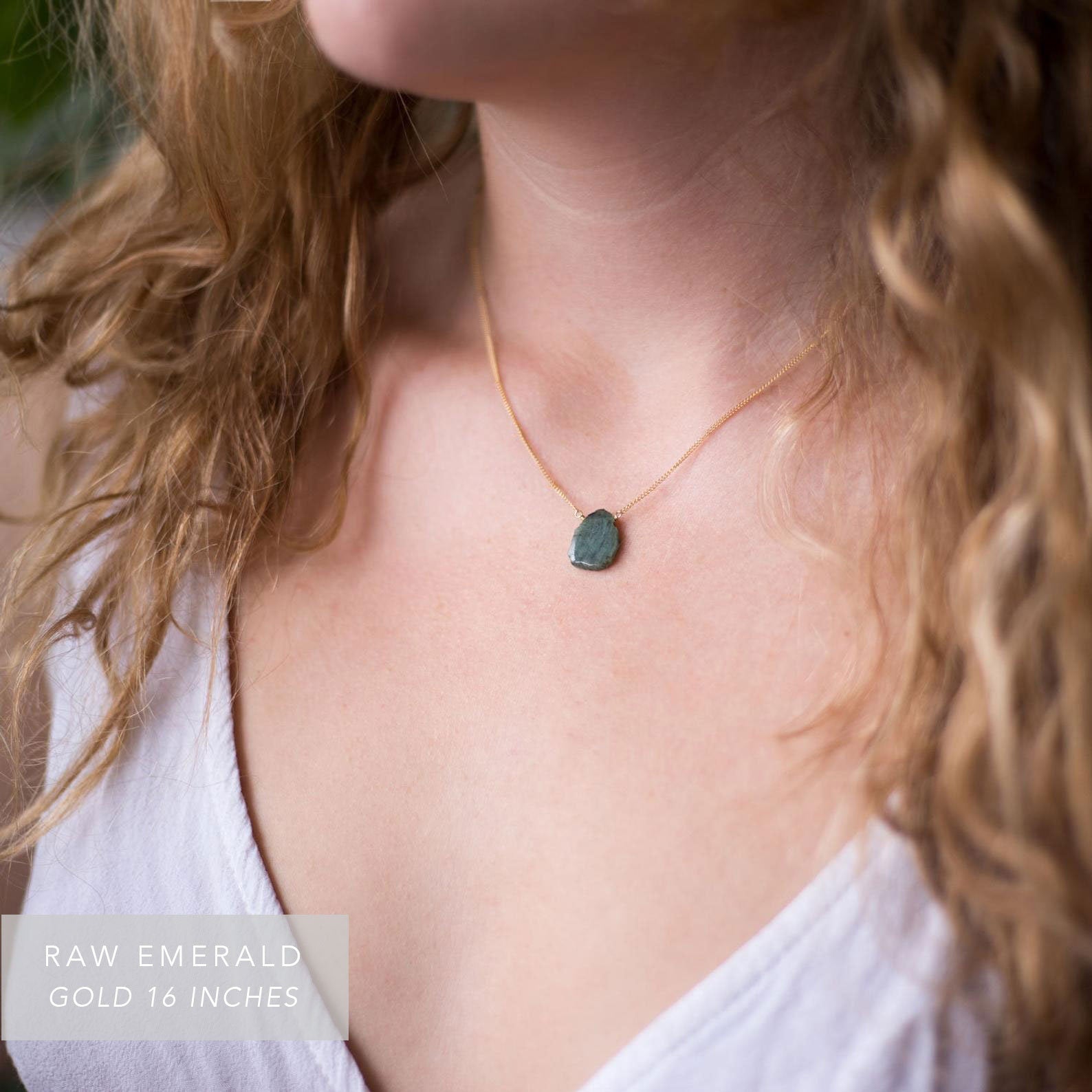 Raw Emerald Slice Necklace, May Birthstone Gift, Dainty Gold Filled Chain, Genuine Gemstone Pendant, Boho Layering Necklace, Minimalist Gift