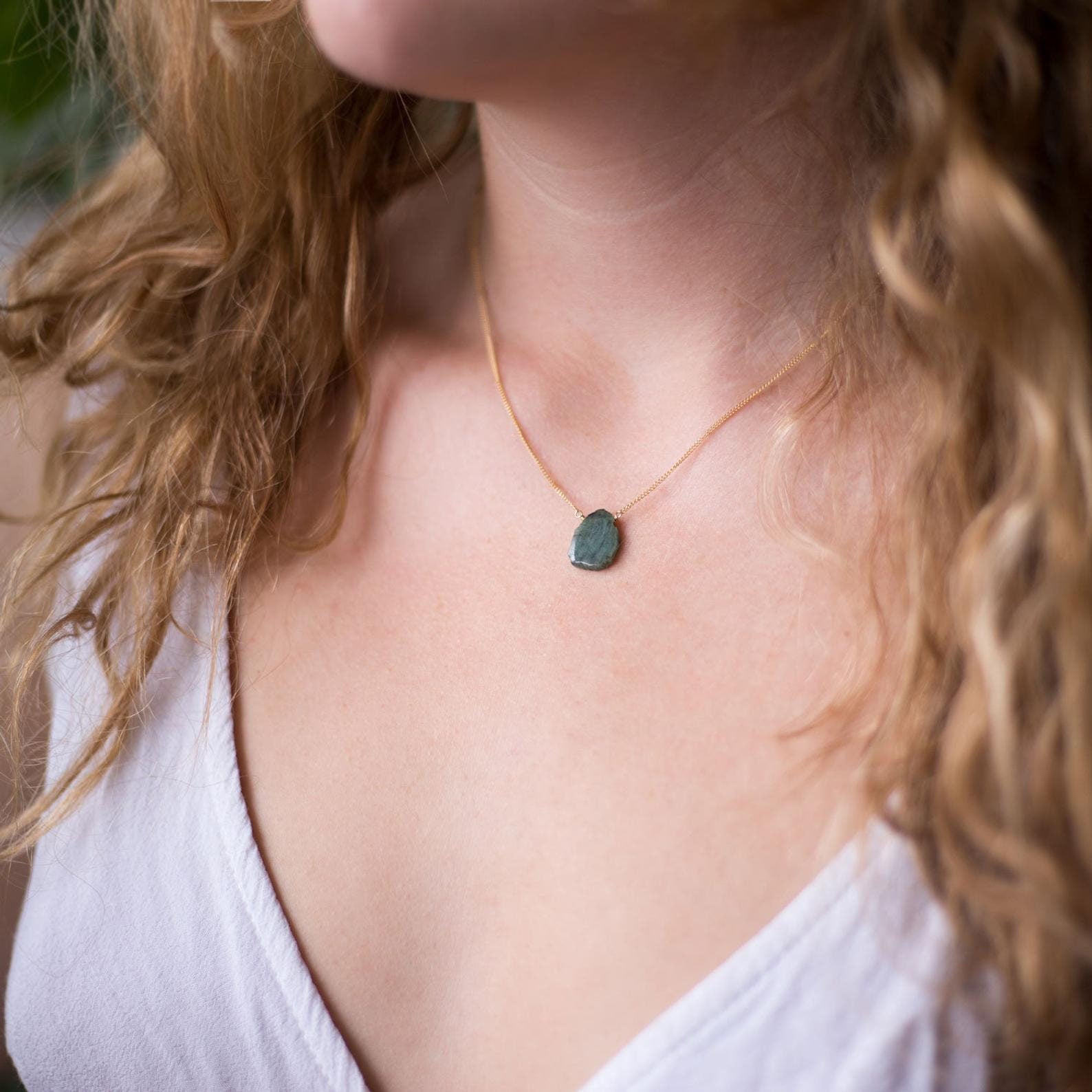 Raw Emerald Slice Necklace, May Birthstone Gift, Dainty Gold Filled Chain, Genuine Gemstone Pendant, Boho Layering Necklace, Minimalist Gift