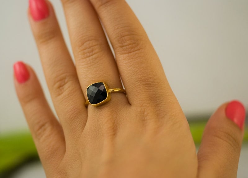 Black Onyx Ring Gold, Black Stone Ring, Cushion Cut Ring, Solitaire Ring, Stackable Ring, Statement Ring, Bezel Ring, Gift for Mom, RH-SQ