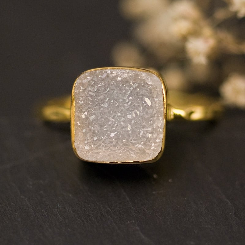 Druzy Ring Gold, April Birthstone Ring, Gemstone Ring, Solitaire Ring, Stacking Ring, Cushion Cut Ring, Rough Druzy Ring