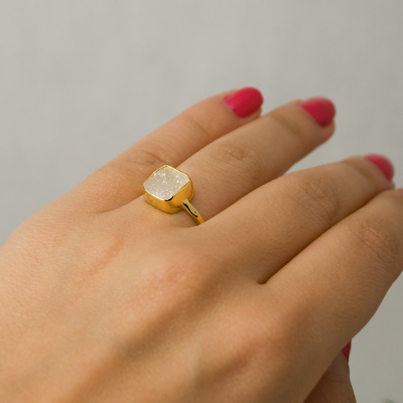 Druzy Ring Gold, April Birthstone Ring, Gemstone Ring, Solitaire Ring, Stacking Ring, Cushion Cut Ring, Rough Druzy Ring