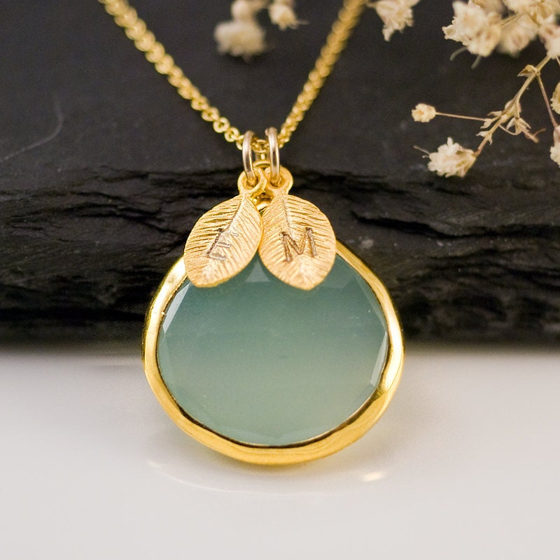 March Birthstone Necklace, Custom Gifts, Tear Drop Pendant, Personalized Initial Necklace, New Mom Necklace, Aqua Blue Chalcedony, NK-20