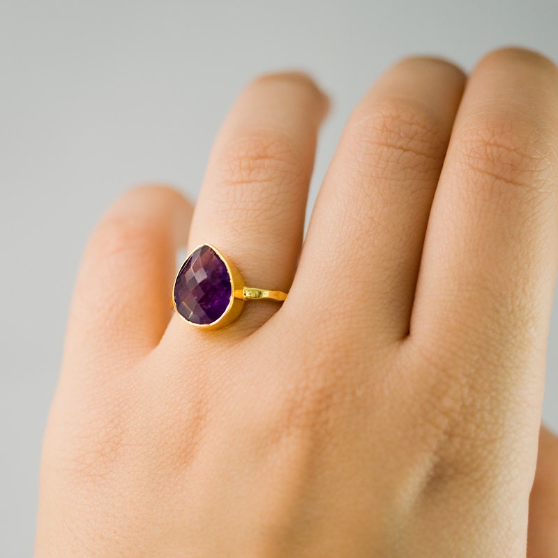 Purple Amethyst Ring Gold - February Birthstone Ring - Purple Gemstone Ring - Stacking Ring - Gold Ring - Tear Drop Ring