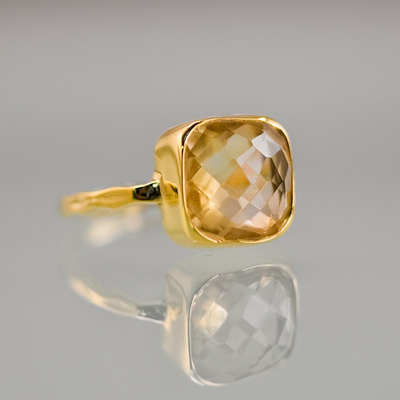 Yellow Citrine Ring Gold, November Birthstone Ring, Square Stone Ring, Gemstone Ring, Stacking Ring, Cocktail Ring, Birthday Gift