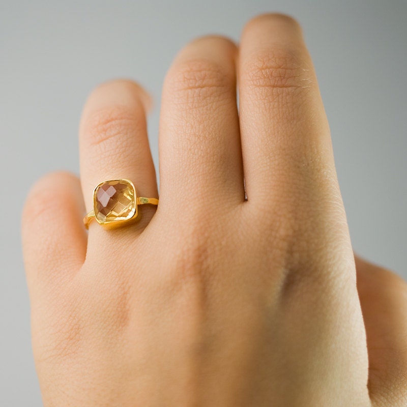 Yellow Citrine Ring Gold, November Birthstone Ring, Square Stone Ring, Gemstone Ring, Stacking Ring, Cocktail Ring, Birthday Gift