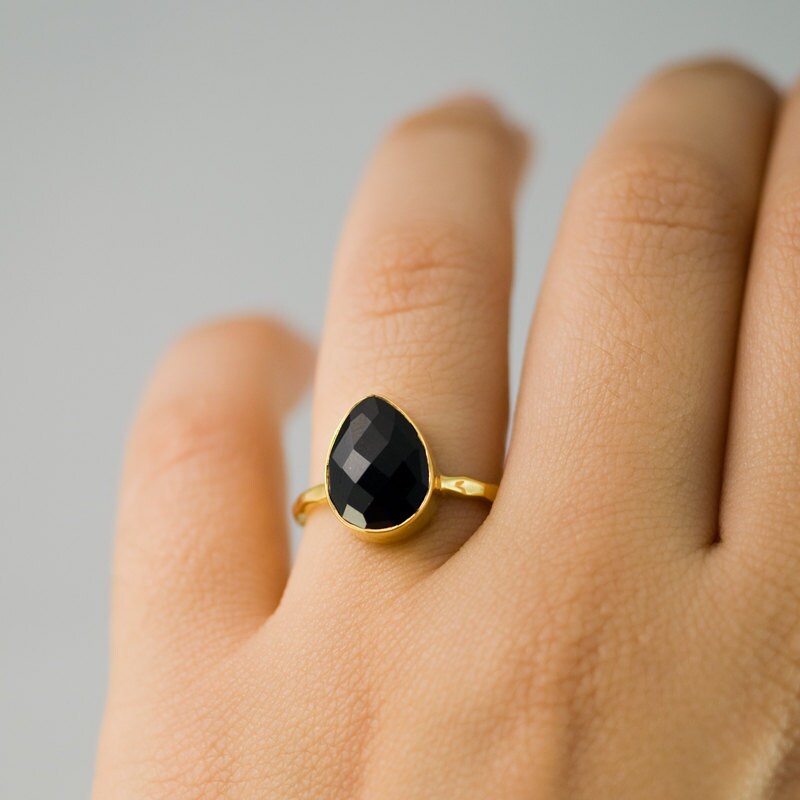 Black Onyx Ring Gold, Solitaire Gemstone Ring, Stacking Ring, Black Stone Ring, Tear Drop Ring, Statement Ring, Gift For Her
