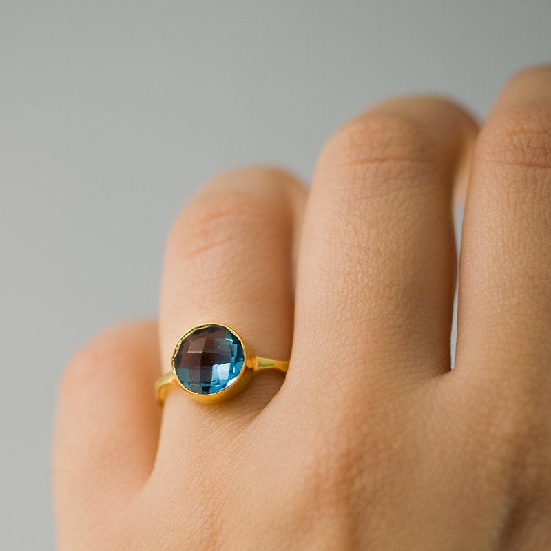 London Blue Topaz Ring Gold - December Birthstone Ring - Solitaire Ring - Stackable Stone Ring - Gold Ring - Round Ring