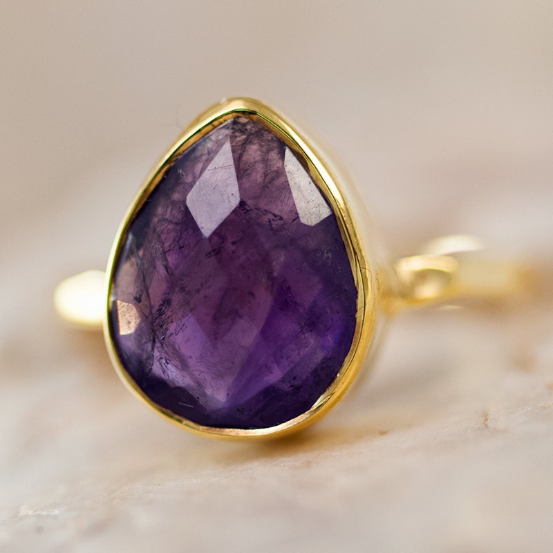 Purple Amethyst Ring Gold - February Birthstone Ring - Purple Gemstone Ring - Stacking Ring - Gold Ring - Tear Drop Ring