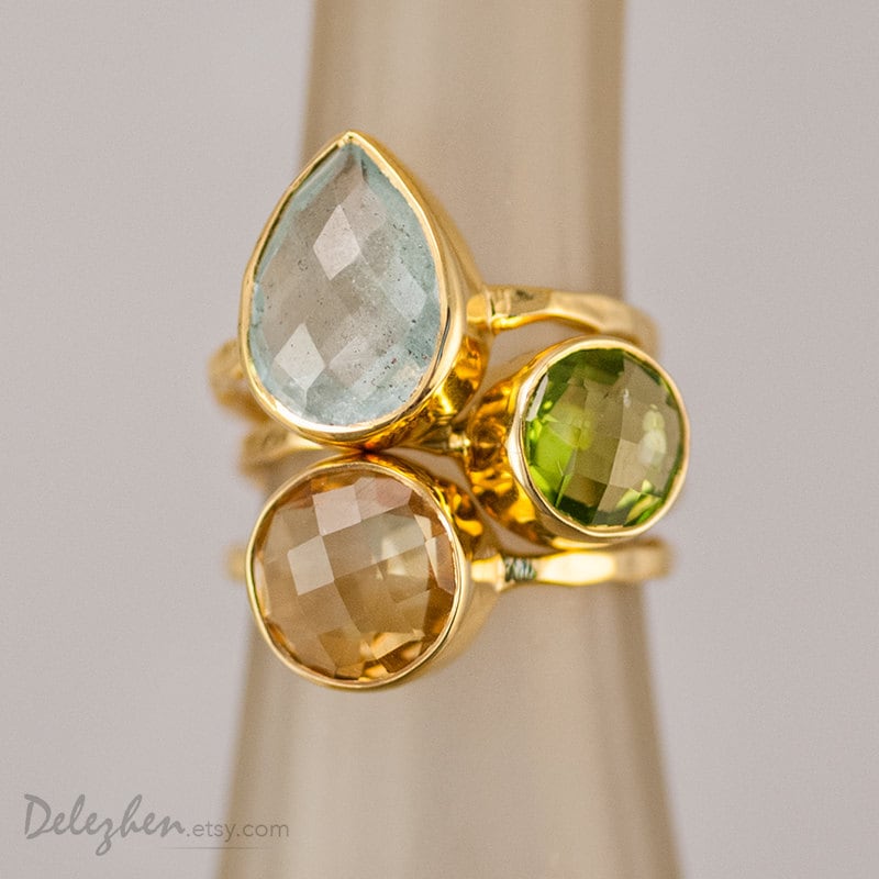 Aquamarine ring Gold - March Birthstone Ring - Solitaire Stone Ring - Stacking Ring - Gold Vermeil Ring - Tear Drop Ring