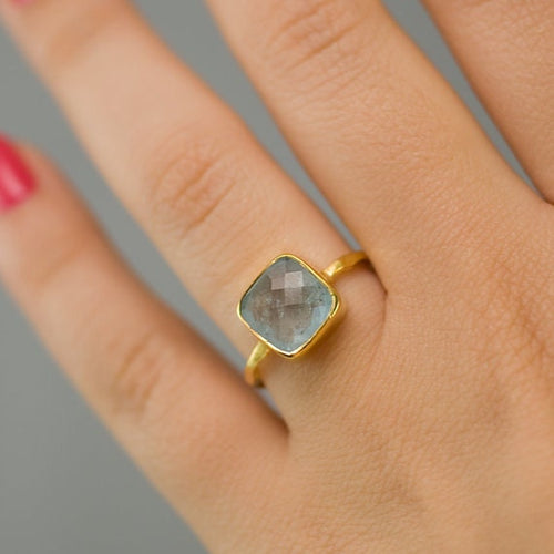 Aquamarine Ring Gold, March Birthstone Ring, Stacking Ring, Gemstone Ring, Gold Ring, Square Stone Ring, Dainty Ring, Gift for Her
