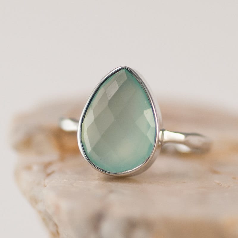 Aqua Blue Chalcedony Ring Silver - Stackable Ring - Sea Foam Green Ring - Tear Drop Ring - Solitaire Ring