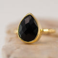 Black Onyx Ring Gold, Solitaire Gemstone Ring, Stacking Ring, Black Stone Ring, Tear Drop Ring, Statement Ring, Gift For Her
