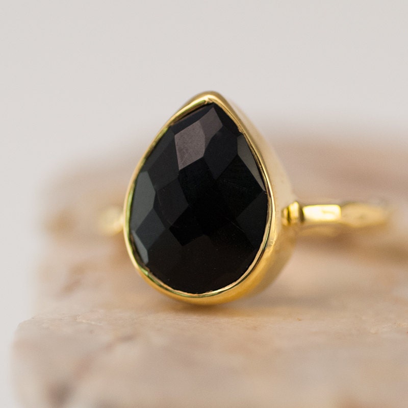 Black Onyx Ring Gold, Solitaire Gemstone Ring, Stacking Ring, Black Stone Ring, Tear Drop Ring, Statement Ring, Gift For Her