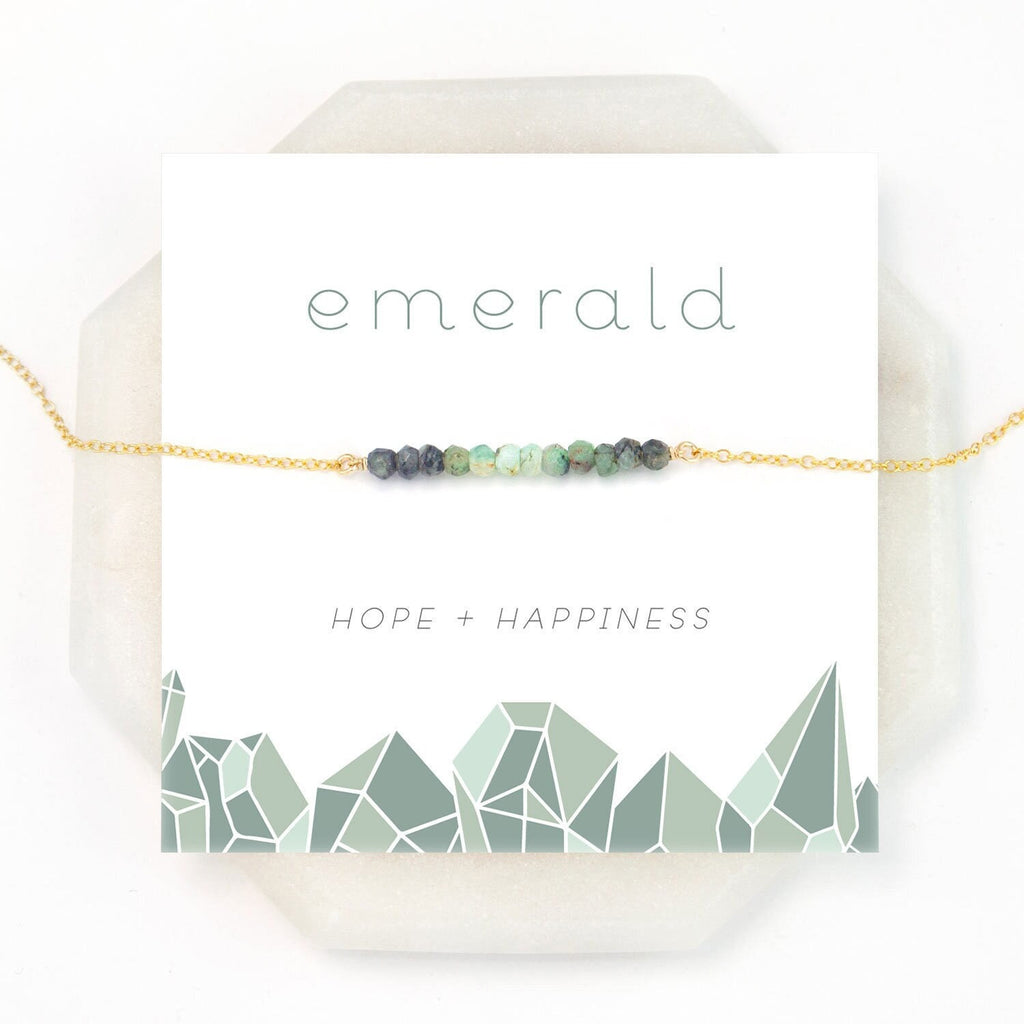 Natural Emerald Necklace, Hope Necklace, Ombre Gemstone Bar Choker, Inspirational May Birthstone Gift Card, Gold Rose Silver Chains