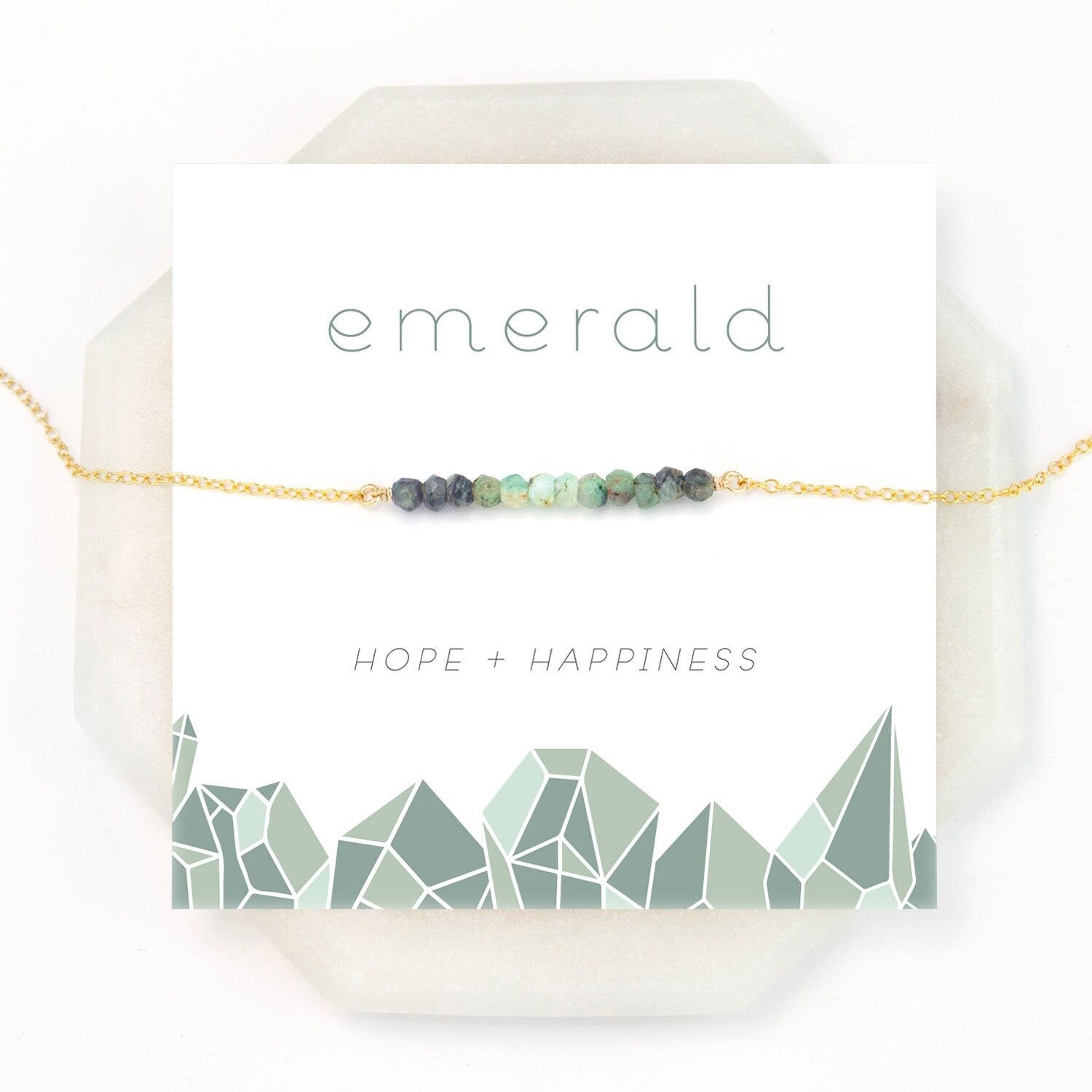 Natural Emerald Necklace, Hope Necklace, Ombre Gemstone Bar Choker, Inspirational May Birthstone Gift Card, Gold Rose Silver Chains