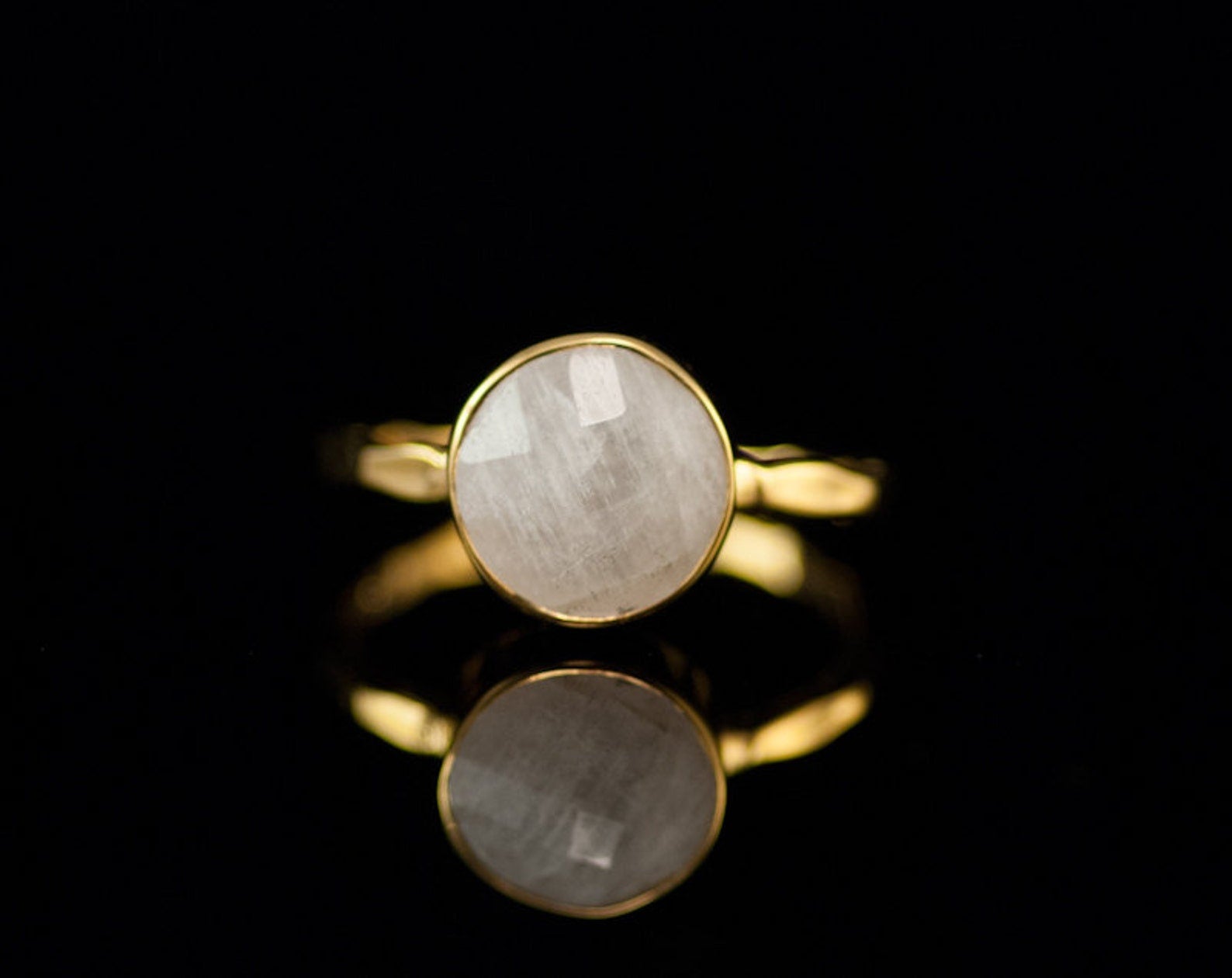 Gold White Moonstone Ring Solitaire - June Birthstone Ring - Gemstone Ring - Gold Ring - Bezel Set Ring, 9mm Crystal Moonstone Ring