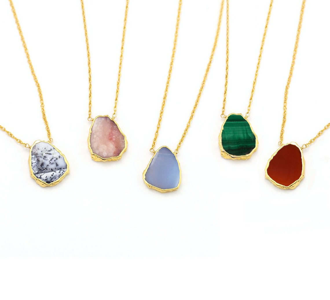 Ocean Jasper Slice Necklace, Unique Natural Stone Layering Necklace, Wire Wrapped Raw Crystal Pendant, Colorful Boho Choker, Trendy Summer