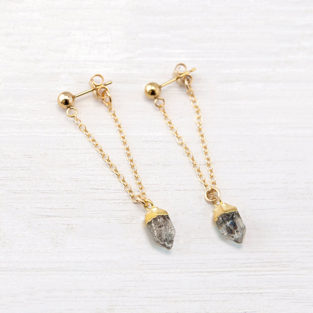 Raw Diamond Chain Stud Earrings, Gold Filled Herkimer Diamond Hoop Chain, Minimalist Jewelry, Gemstone Stud Drop Earrings, Bridesmaid Gift