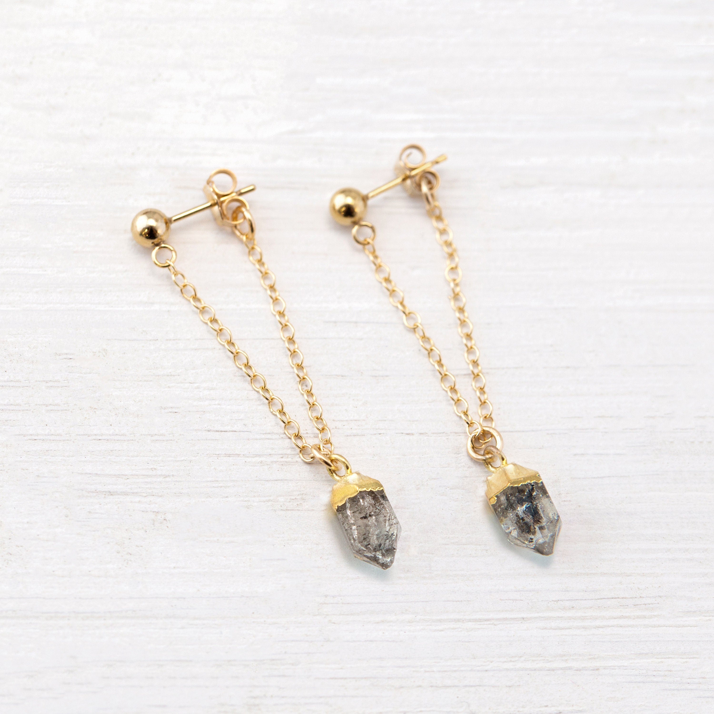 Raw Diamond Chain Stud Earrings, Gold Filled Herkimer Diamond Hoop Chain, Minimalist Jewelry, Gemstone Stud Drop Earrings, Bridesmaid Gift