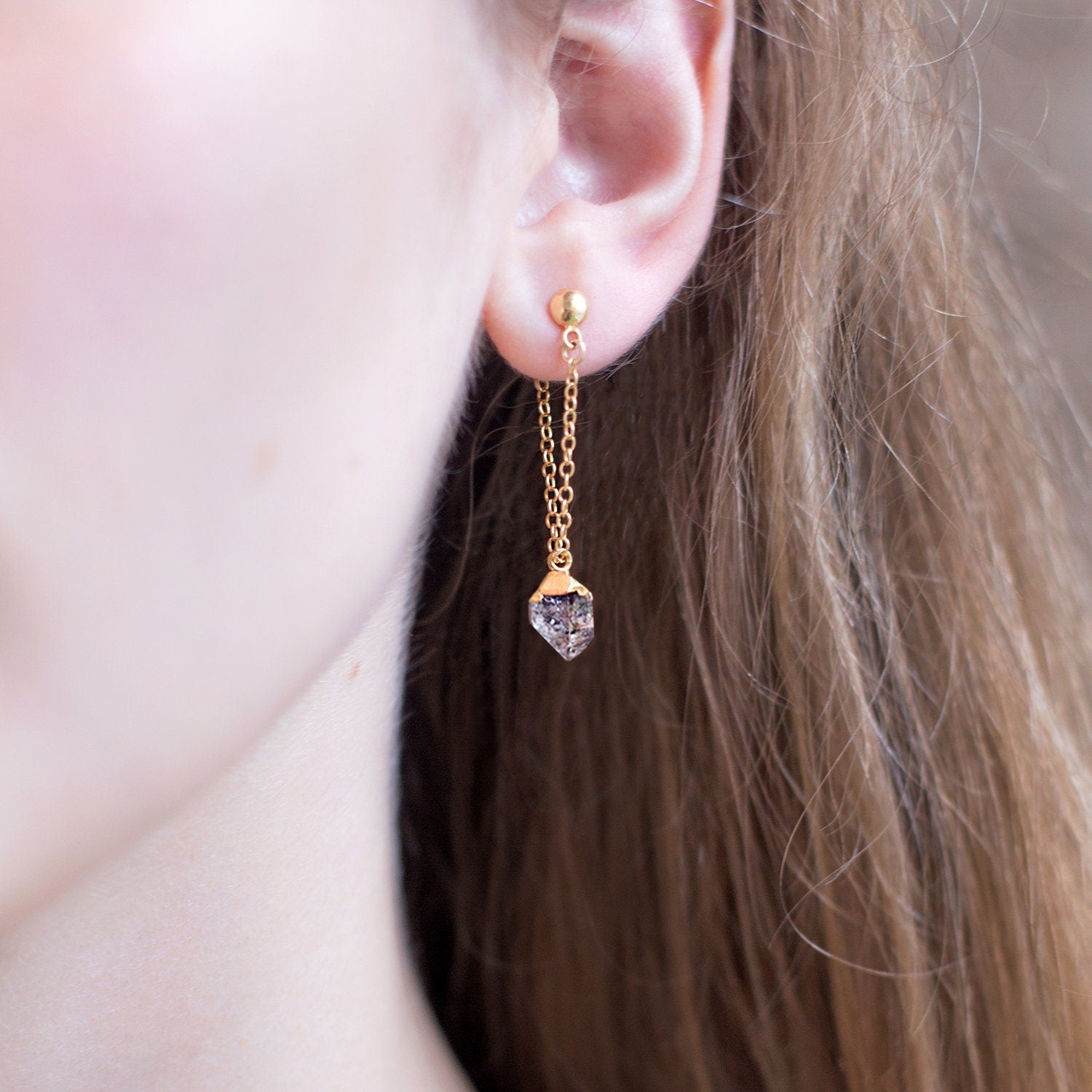 Raw Diamond Chain Stud Earrings, Gold Filled Herkimer Diamond Hoop Chain, Minimalist Jewelry, Gemstone Stud Drop Earrings, Bridesmaid Gift