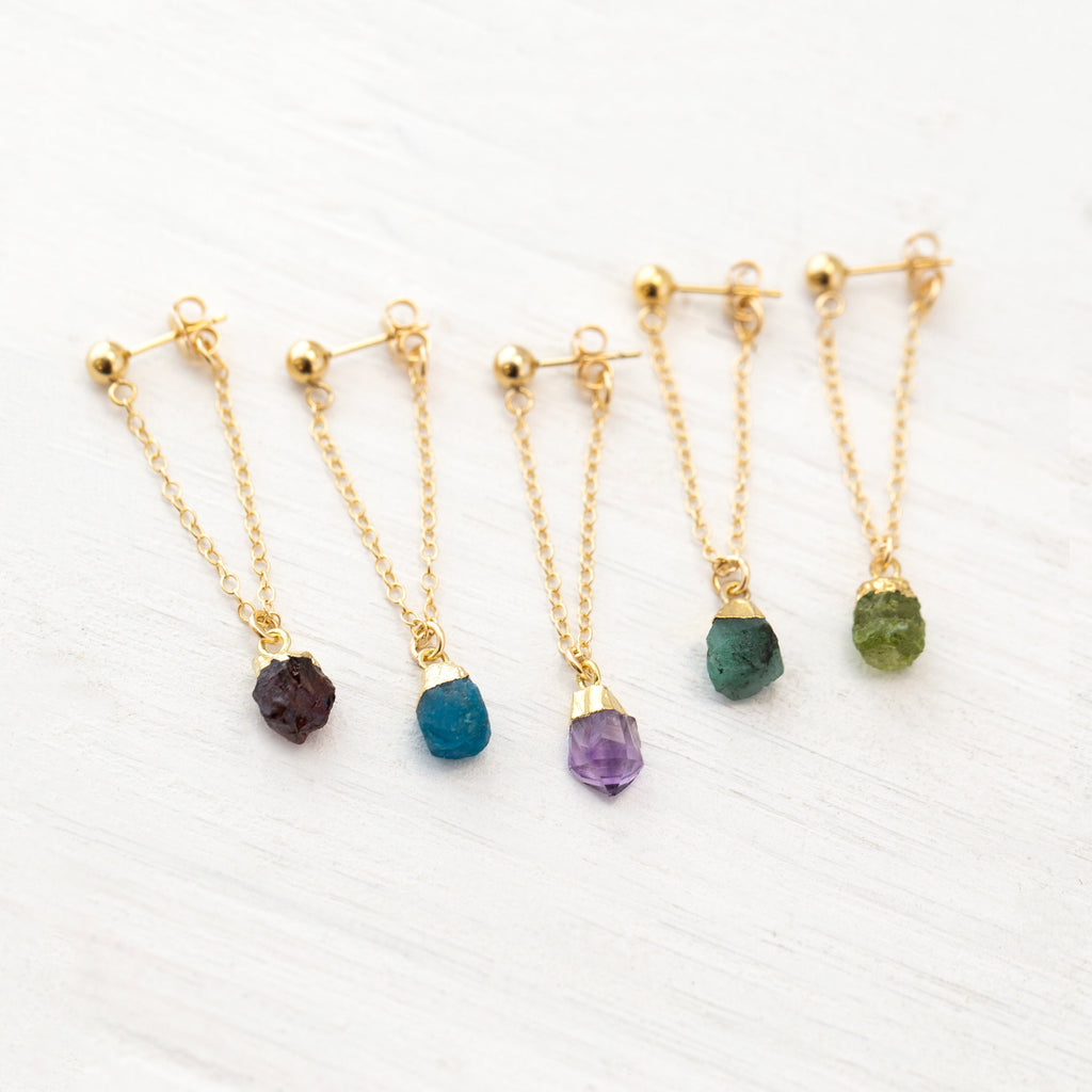 Raw Diamond Chain Stud Earrings, Gold Filled Herkimer Diamond Hoop Chain, Minimalist Jewelry, Gemstone Stud Drop Earrings, Bridesmaid Gift
