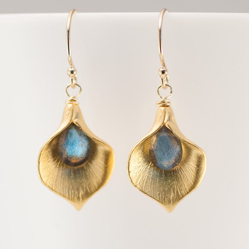 Labradorite Earrings - Calla Lily Earrings - Gold Earrings - Nature Inspired Jewelry