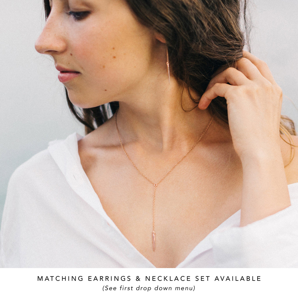 Dainty Rose Gold Lariat, Simple Layering Necklace, Gift for Her, Spike Necklace, Delicate Y Necklace, Bar Drop Necklace, Minimalist Jewelry