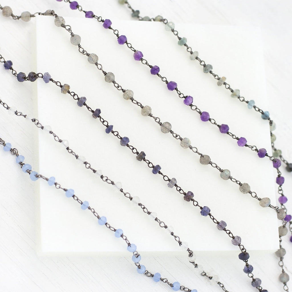 Beaded Gemstone Chain Necklace, Black Silver Jewelry, Layering Necklace, Dainty Bracelet, Birthstone Jewelry Gifts, Celestial Rosary Chains