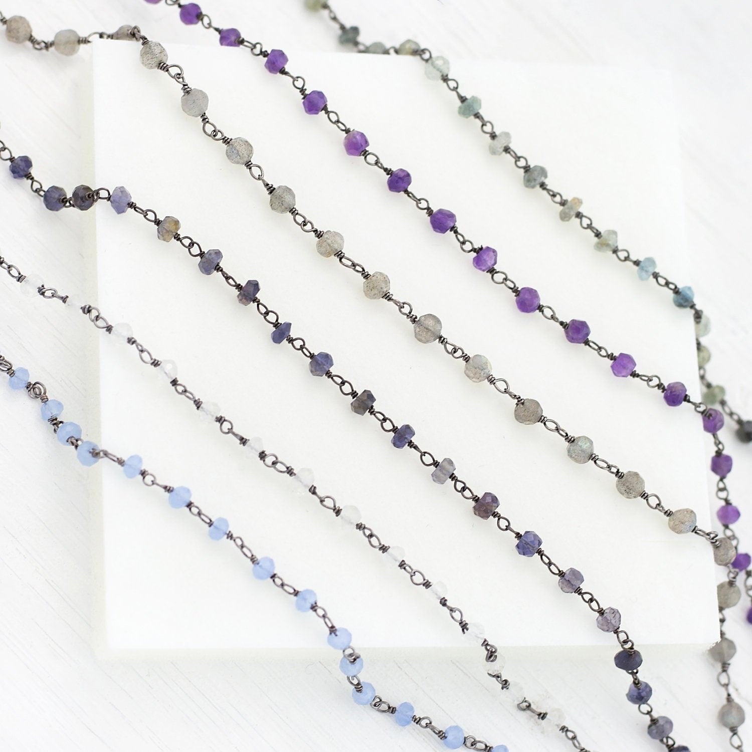Beaded Gemstone Chain Necklace, Black Silver Jewelry, Layering Necklace, Dainty Bracelet, Birthstone Jewelry Gifts, Celestial Rosary Chains