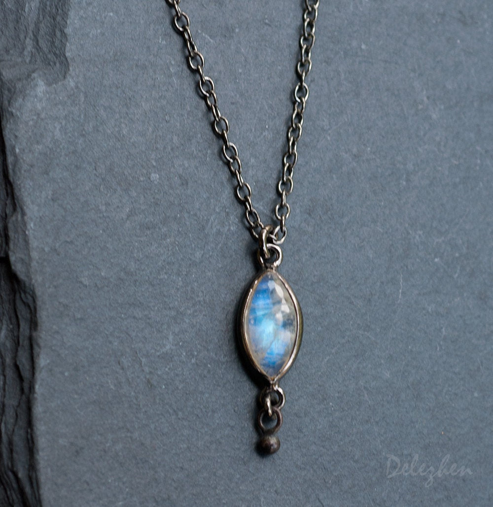 Marquise Rainbow Moonstone Necklace, June Birthstone, Black Silver, Moonstone Pendant, Small Stone, Everyday Necklace, Celestial Gift