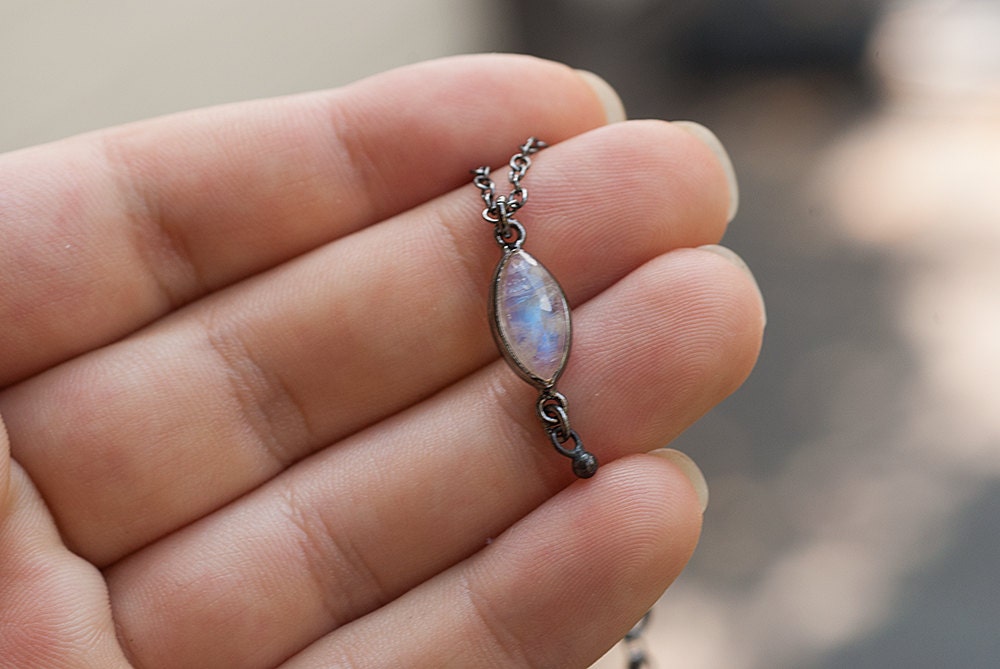 Marquise Rainbow Moonstone Necklace, June Birthstone, Black Silver, Moonstone Pendant, Small Stone, Everyday Necklace, Celestial Gift