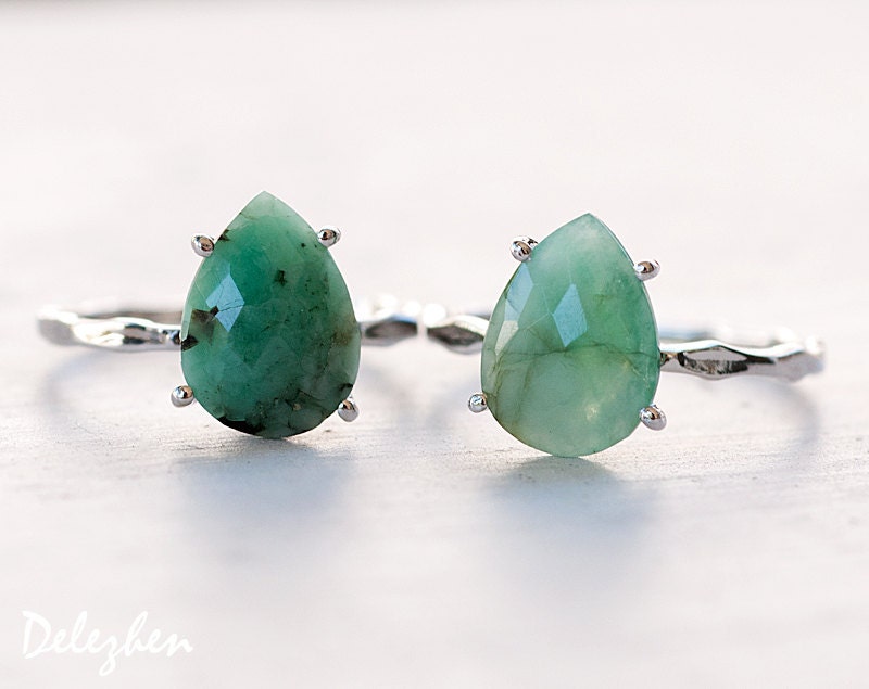 Raw Emerald Ring Gold, May Birthstone Ring, Gemstone Ring, Rose Gold Stacking Ring, Tear Drop Ring, Prong Ring, Silver Ring, RG-PP