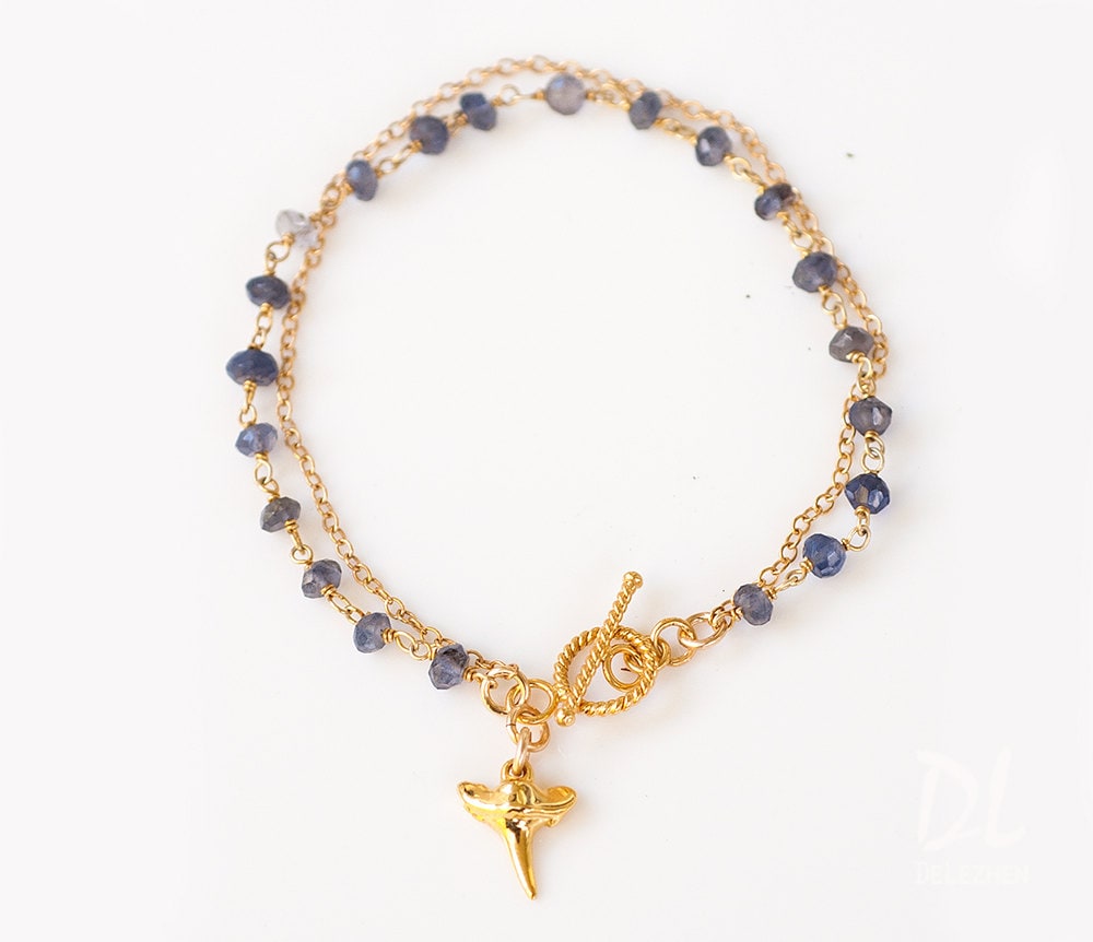 Charm Bracelet - Gold Shark Tooth Charm - Friendship Bracelet - Wire wrapped Toggle Bracelet - Layering Bracelet - Gift for her