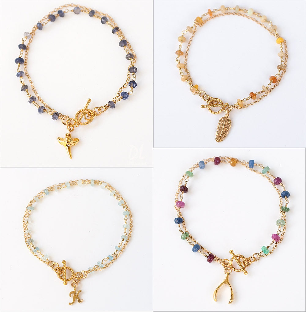 Charm Bracelet - Gold Shark Tooth Charm - Friendship Bracelet - Wire wrapped Toggle Bracelet - Layering Bracelet - Gift for her